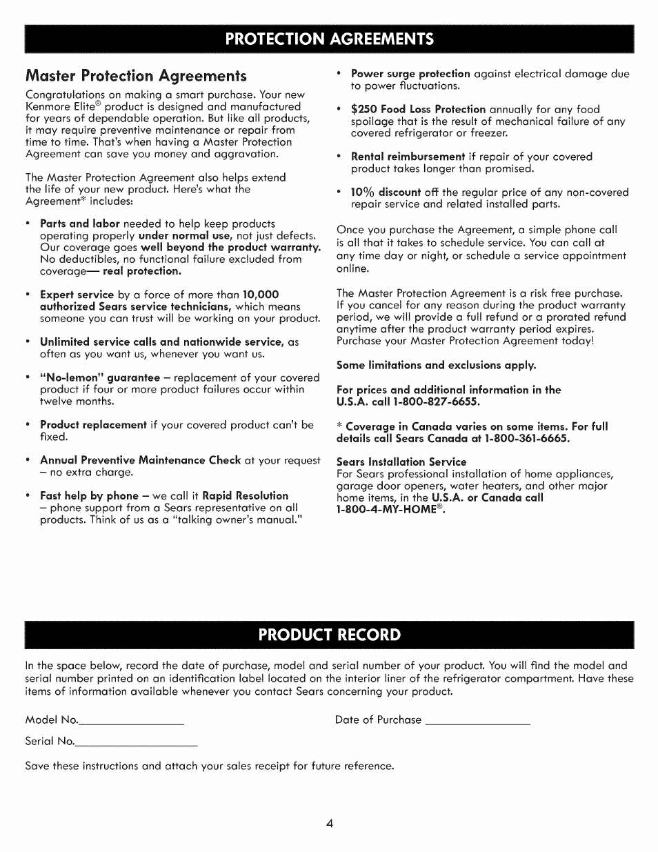Protection agreements, Product record, Protection | Agreements, Protection agreements moster protection agreements | Kenmore ELITE 795.7103 User Manual | Page 4 / 44