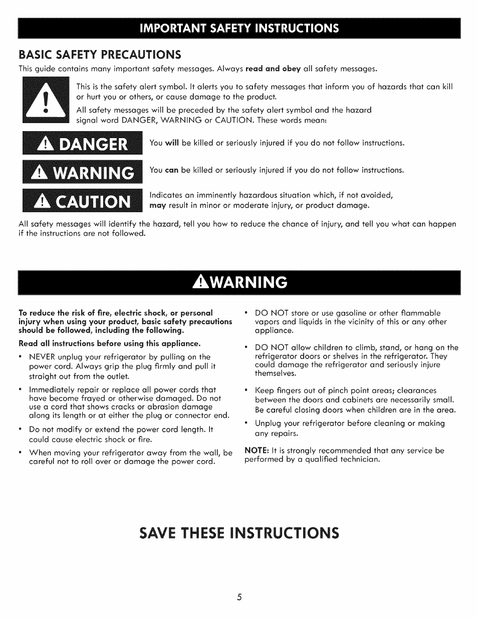 Important safety instructions, A danger a warning a caution, Warning | Save these instructions, Basic safety precautions | Kenmore ELITE 795.7103 User Manual | Page 5 / 44