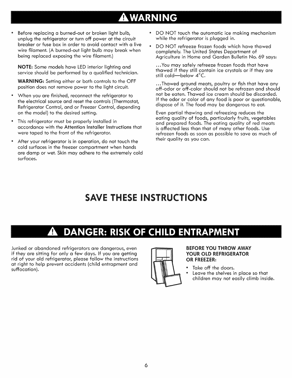 Awarning, Save these instructions, Danger: risk of child entrapment | Kenmore ELITE 795.7103 User Manual | Page 6 / 44