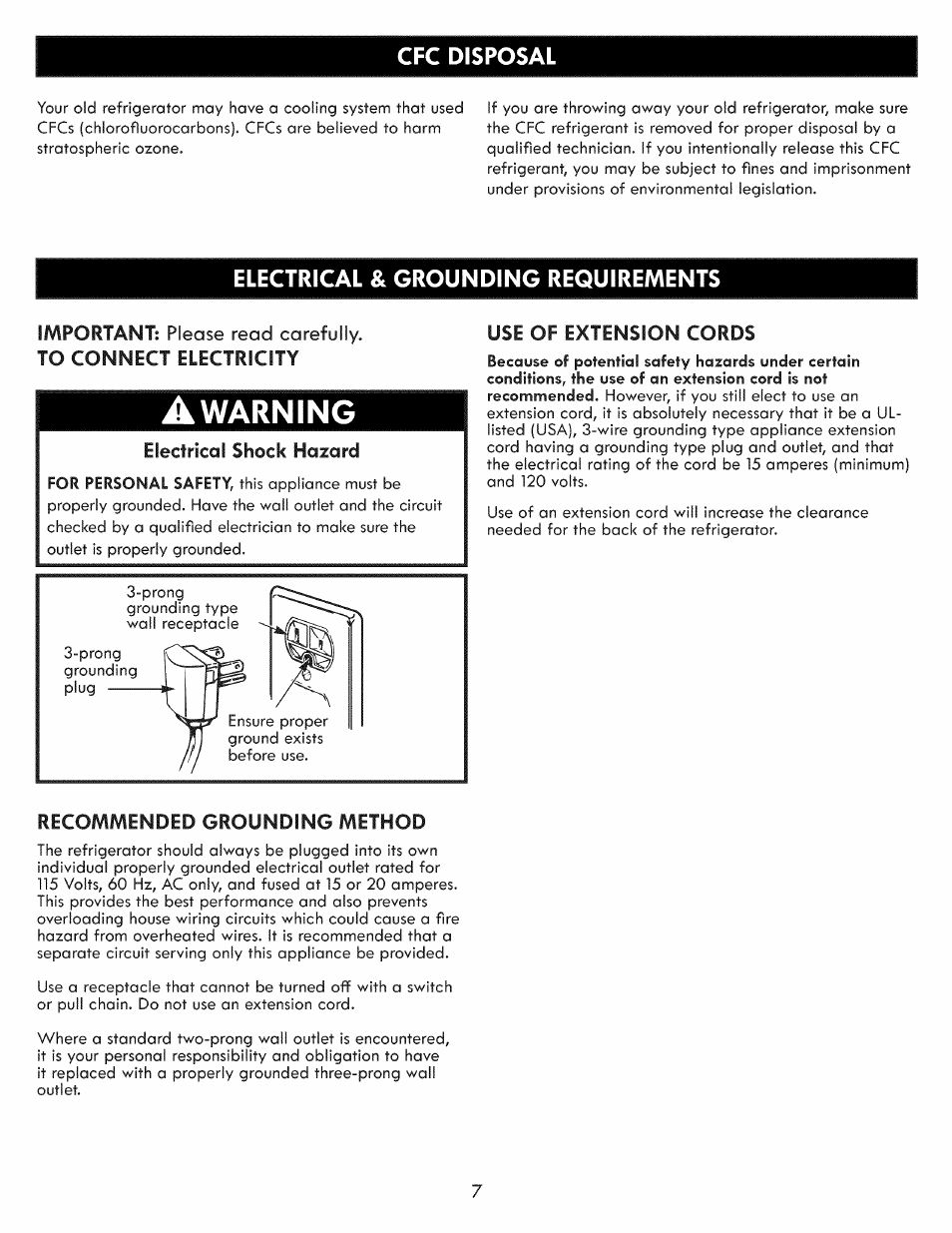 Cfc disposal, Electrical & grounding requirements, Warning | Electrical shock hazard, Use of extension cords, Recommended grounding method | Kenmore ELITE 795.7103 User Manual | Page 7 / 44