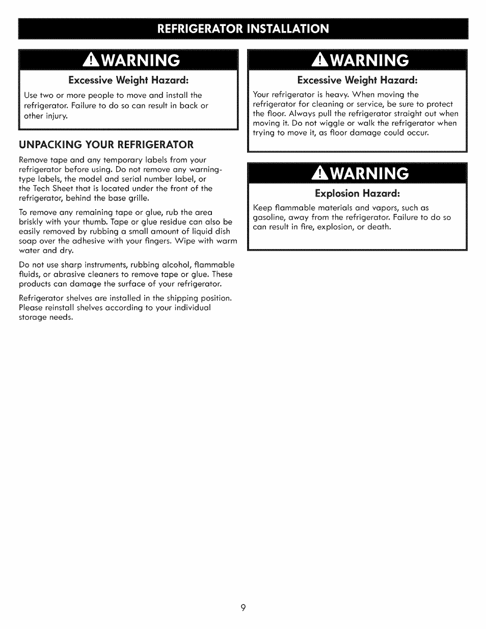 Refrigerator installation, Refrigerator installation -16, Warning | Kenmore ELITE 795.7103 User Manual | Page 9 / 44