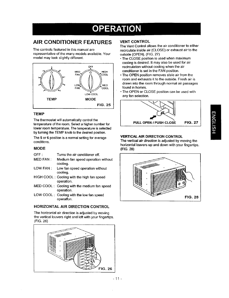 Air conditioner features, Operation | Kenmore 580.71121 User Manual | Page 11 / 23