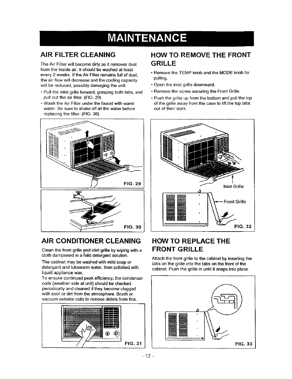 Air filter cleaning, Air conditioner cleaning, How to remove the front grille | How to replace the front grille, Howto remove the front grille, Maintenance | Kenmore 580.71121 User Manual | Page 12 / 23