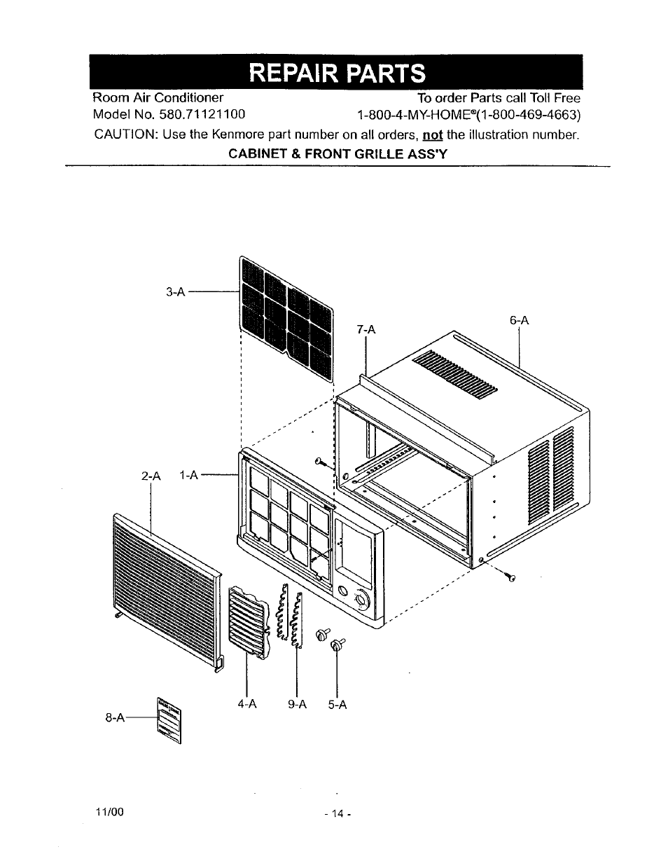 Repair parts, Cabinet & front grille ass'y | Kenmore 580.71121 User Manual | Page 14 / 23