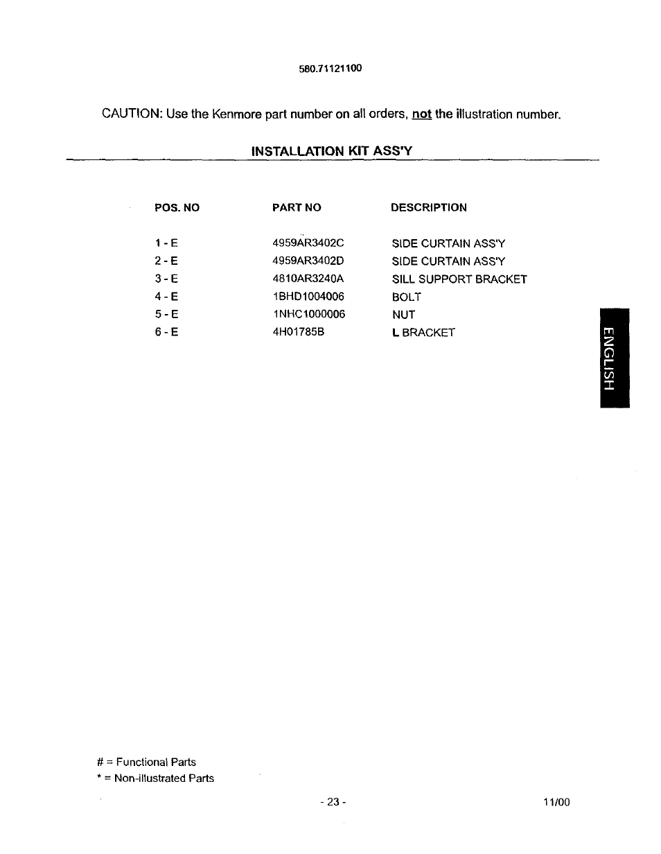 Installation kit ass'y | Kenmore 580.71121 User Manual | Page 23 / 23