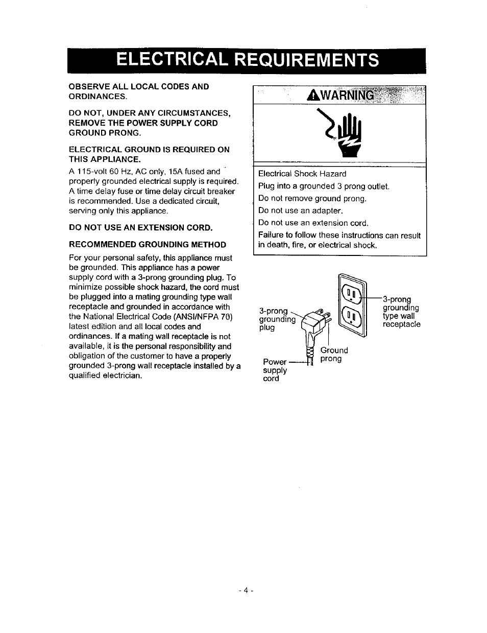 Electrical requirements | Kenmore 580.71121 User Manual | Page 4 / 23