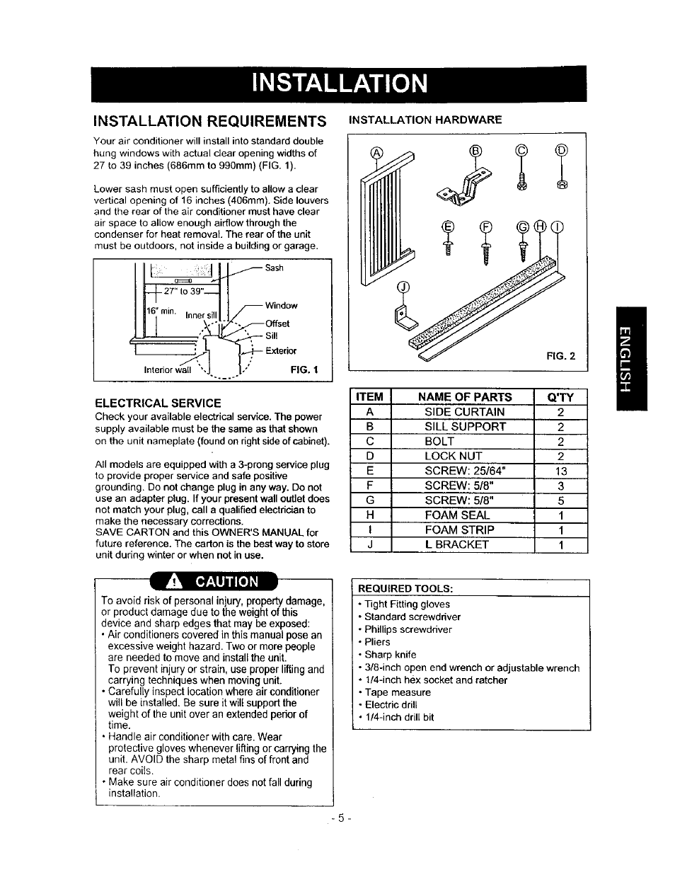 Installation requirements installation hardware, Electrical service, A caution | Installation, Caution, Installation requirements | Kenmore 580.71121 User Manual | Page 5 / 23