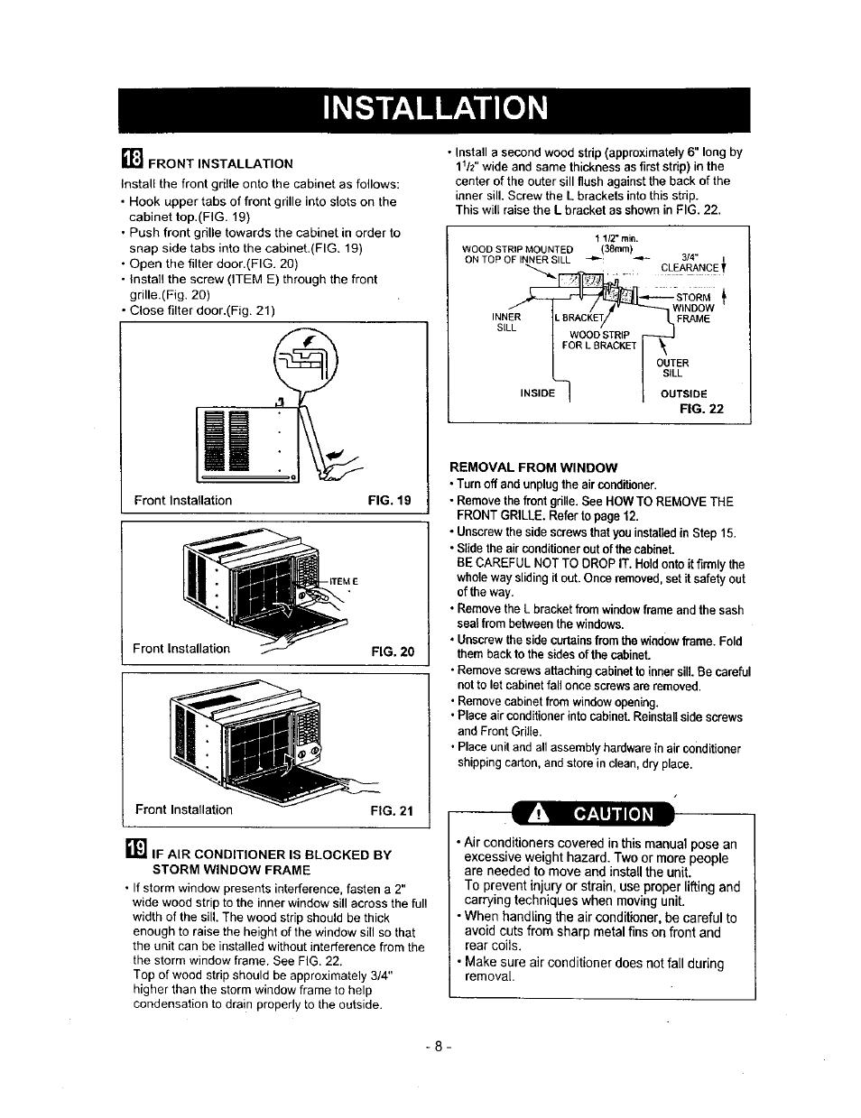 A caution, Installation | Kenmore 580.71121 User Manual | Page 8 / 23