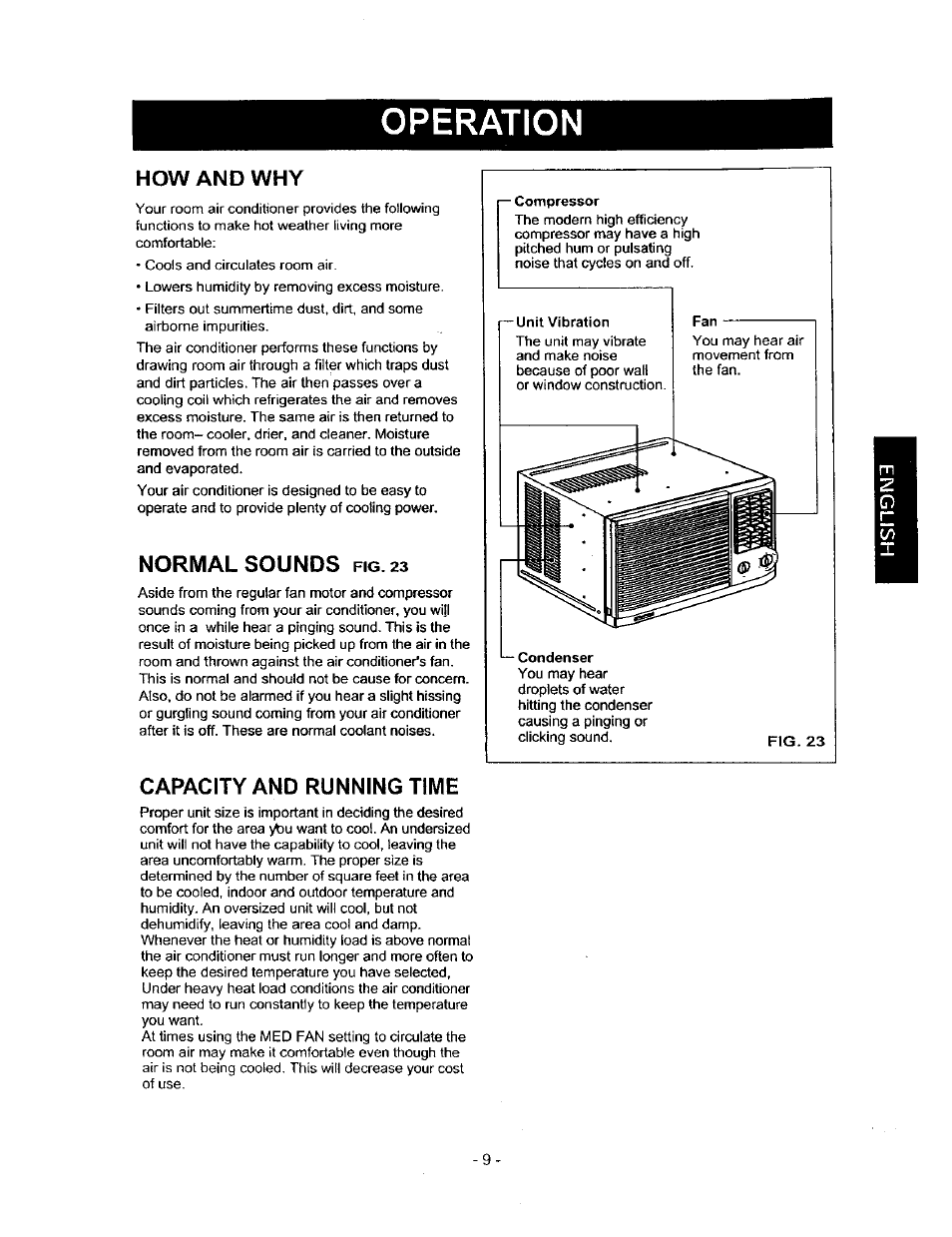 How and why, Normal sounds fig. 23, Capacity and running time | Operation, Normal sounds | Kenmore 580.71121 User Manual | Page 9 / 23