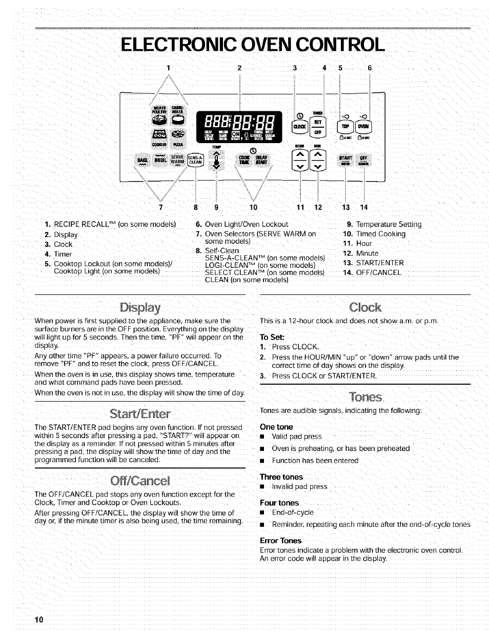 Electronic oven control, Display, 0clock | V . : . l ' : :.v;; - stait/ellter /; :: ;: ; y | Kenmore 665.72002 User Manual | Page 10 / 52