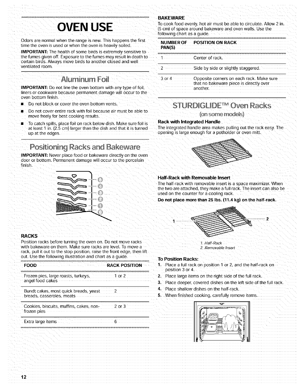 Foil, Positioning racks and bakeware, Sturdiglide™ owenracks | Kenmore 665.72002 User Manual | Page 12 / 52