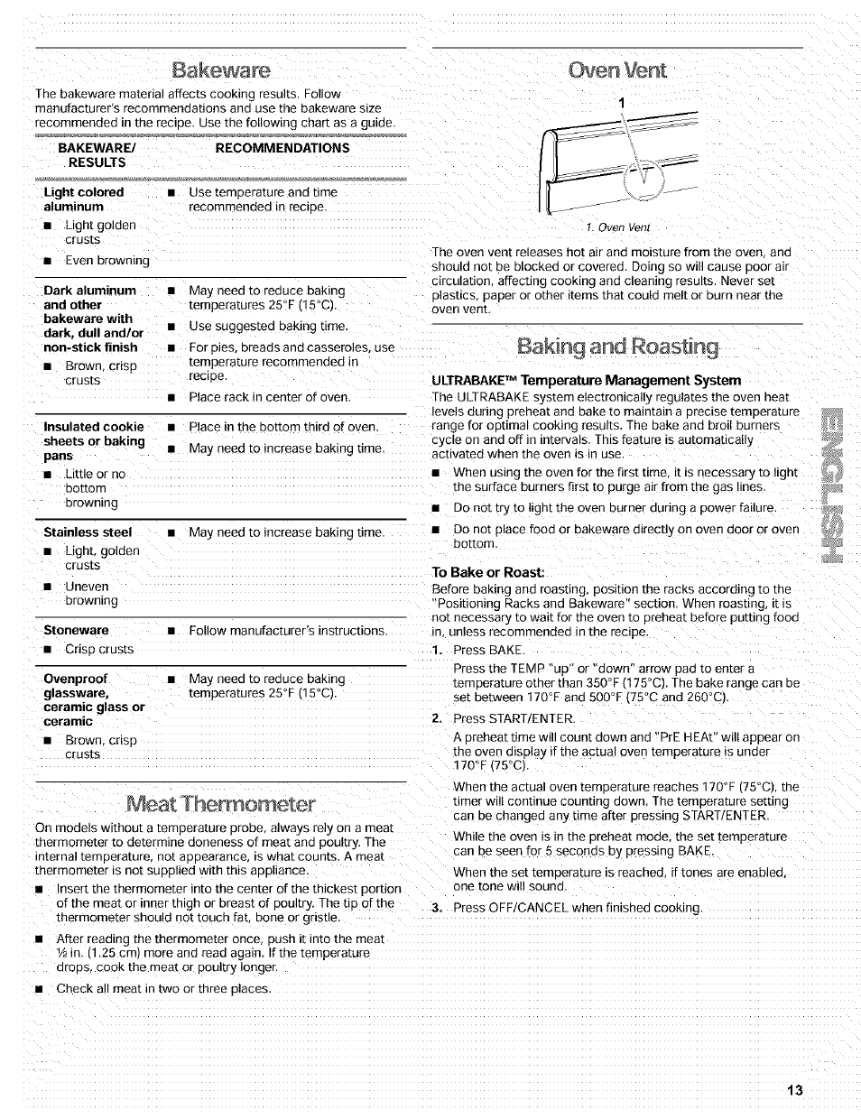 Bakeware, Meati tiermometer, Bateiig ;aiid: roasting | Kenmore 665.72002 User Manual | Page 13 / 52