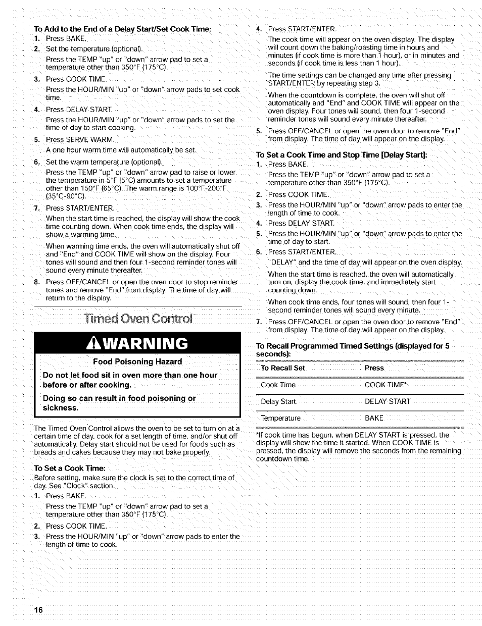 Ikwarning, Timed oven control t | Kenmore 665.72002 User Manual | Page 16 / 52