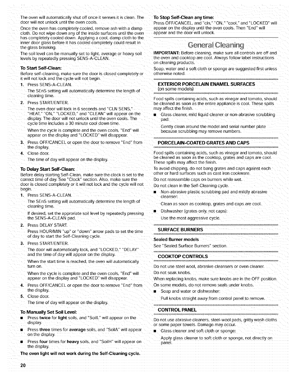 General cleaning | Kenmore 665.72002 User Manual | Page 20 / 52