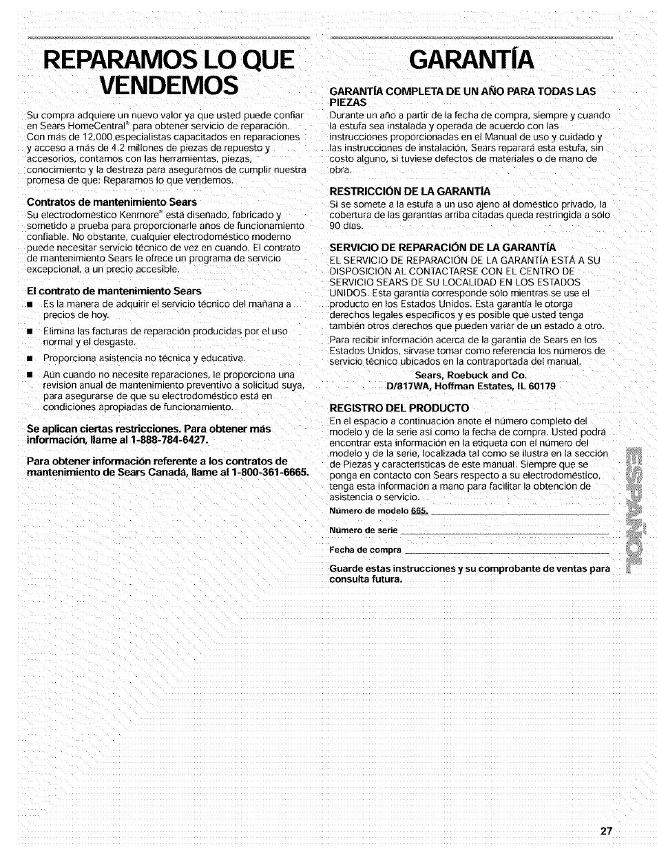 Reparamos lo que, Garantía | Kenmore 665.72002 User Manual | Page 27 / 52