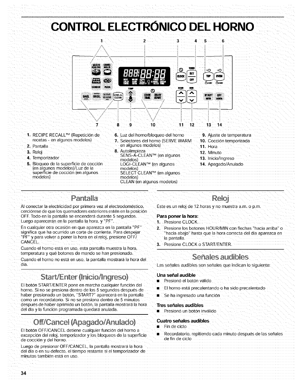 Control electrónico del horno, Pantalla p, Start/énter;|iiicío|ngre | Reloj : :0, Apagado/anylado), L \ : ■■■señales ay dibtes | Kenmore 665.72002 User Manual | Page 34 / 52