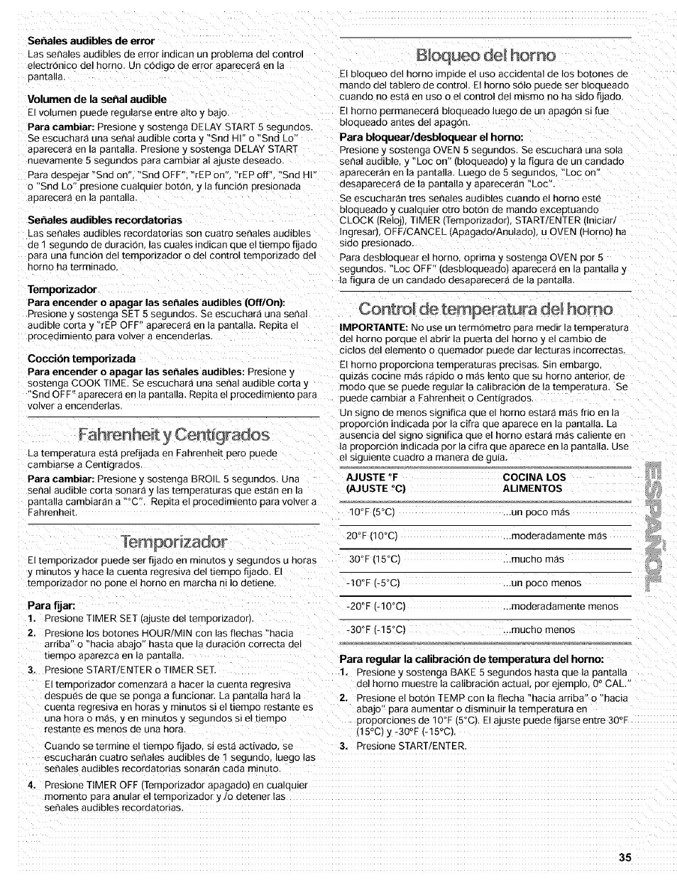 V y centígrados, Terriporizadorj, Bloqy^ xí ( vil horno | V-controf de.tetiiperatúra dél horn | Kenmore 665.72002 User Manual | Page 35 / 52