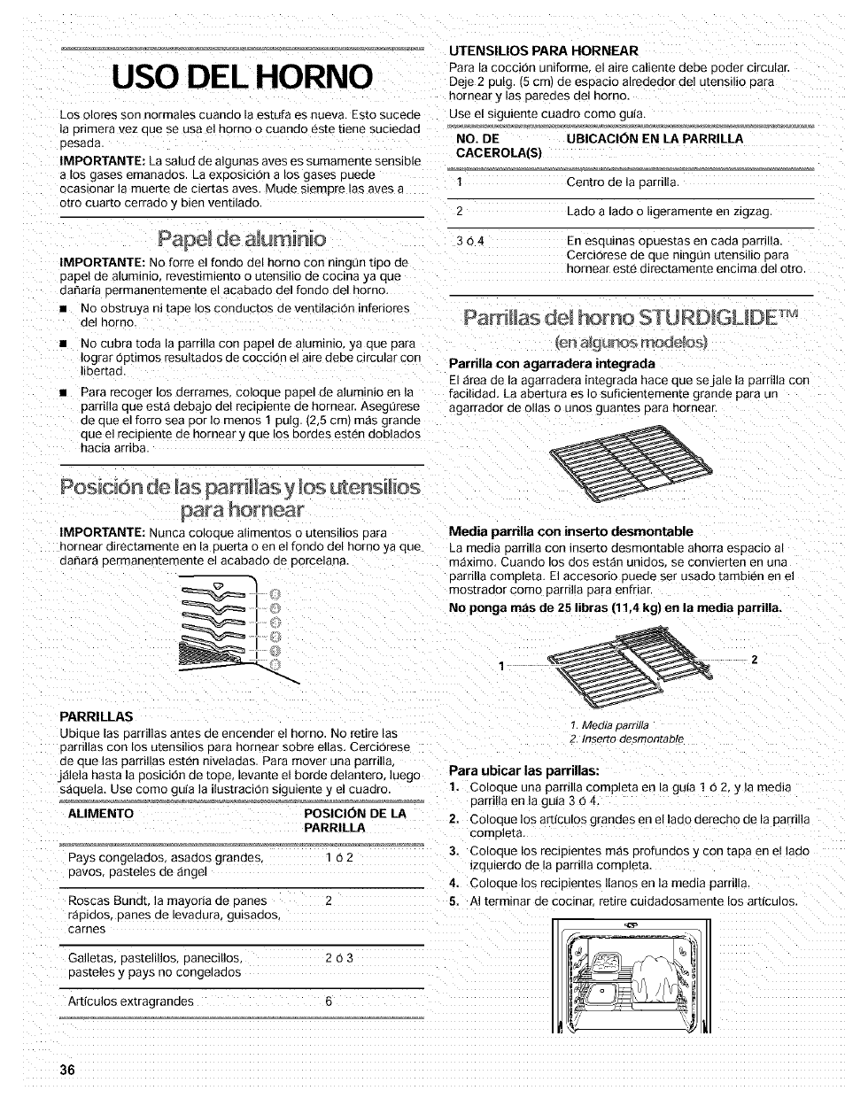 Uso del horno, Luz del horno, Del horno | Para hornear, Parriilásáeí horno st | Kenmore 665.72002 User Manual | Page 36 / 52