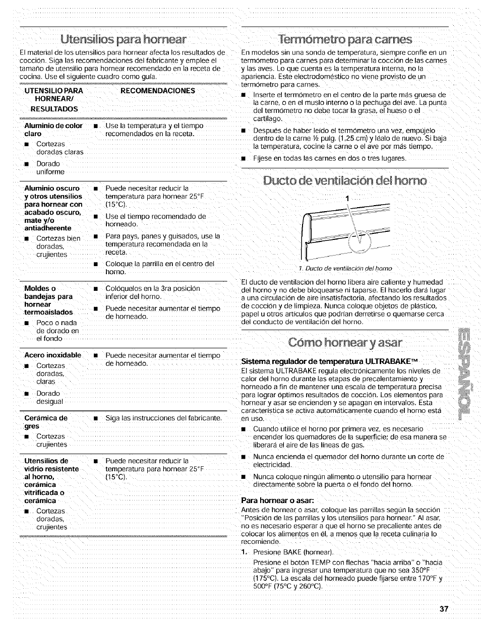 Utensilios para hornear, Termometro para carnes, Dóeto. de wentiladón dél horno | Y asar | Kenmore 665.72002 User Manual | Page 37 / 52