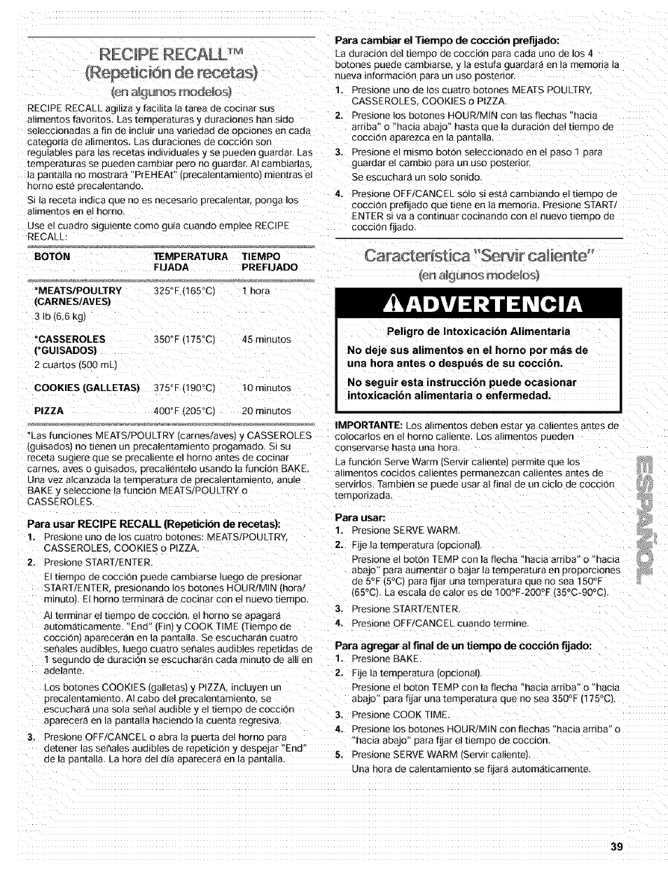 Advertencia, Recipe, Recale™ (repeicíón de recetas) | Caractérimica - séwir gaiiénte | Kenmore 665.72002 User Manual | Page 39 / 52