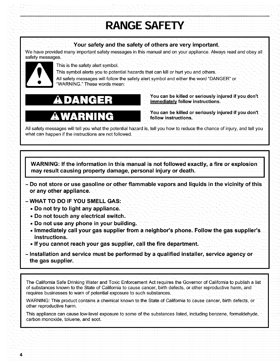 Range safety, What to do if you smell gas, Do not fry to light any appliance | Do not touch any eiectricai switch, Do not use any phone in your building, A qualified installer, service agency or, Range care, Adanger awarning | Kenmore 665.72002 User Manual | Page 4 / 52