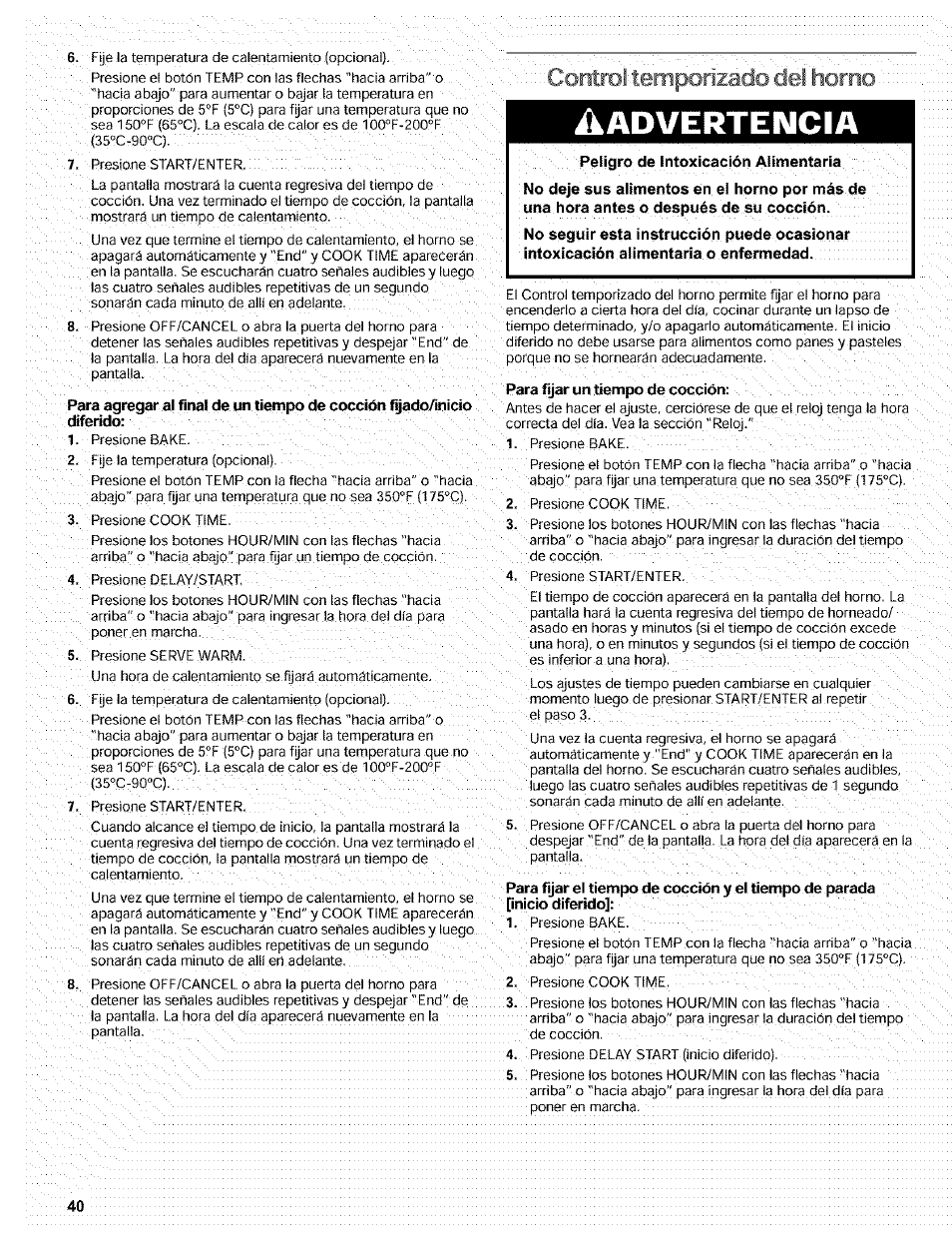 Advertencia, Control temporizado del o | Kenmore 665.72002 User Manual | Page 40 / 52