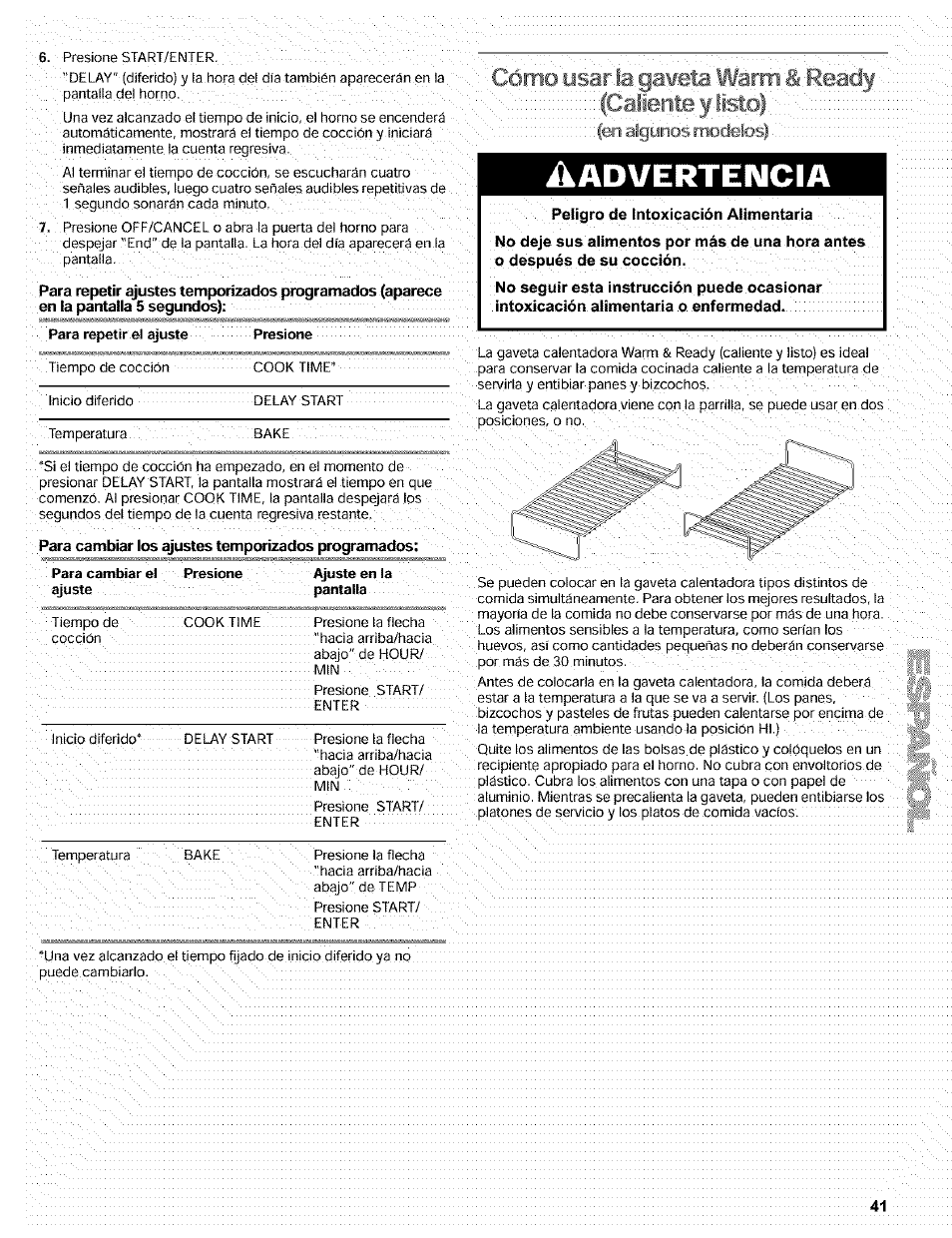 Aadvertencia, Cómo usar la gaweta warm, Ready | Kenmore 665.72002 User Manual | Page 41 / 52