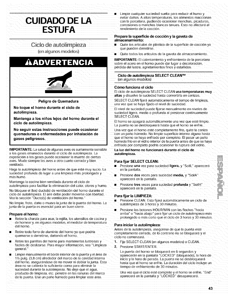 Estufa, Advertencia, Cicio: ie aytolinipieza | Kenmore 665.72002 User Manual | Page 43 / 52