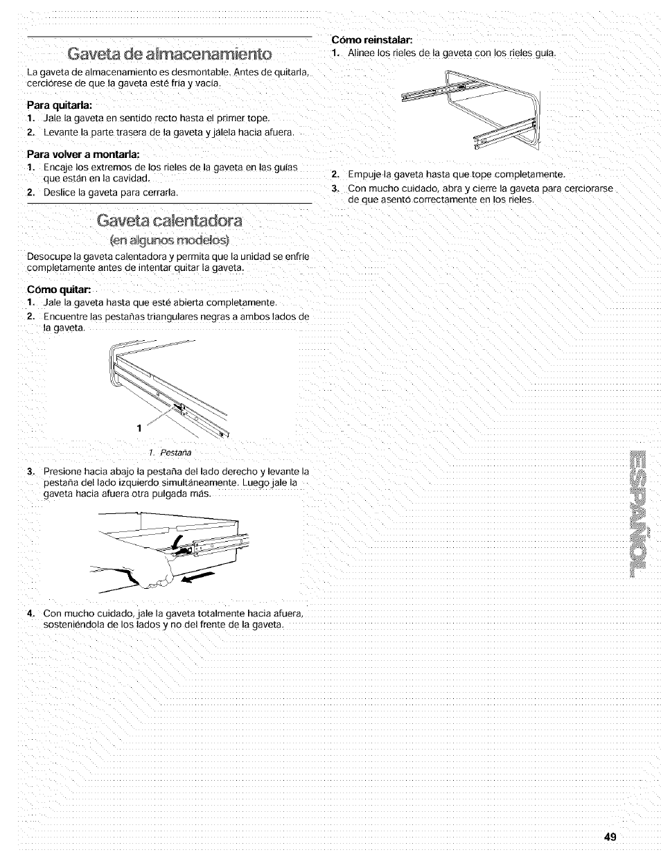 Gaveta de alittacenamíento, Gaveta ealentadoral | Kenmore 665.72002 User Manual | Page 49 / 52