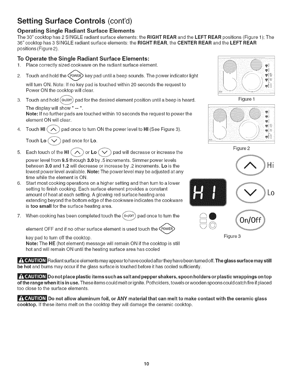 To operate the single radiant surface elements, A caution, Operating the single radiant surface elements | Setting surface controls (confcl) | Kenmore 790.4282 User Manual | Page 10 / 18