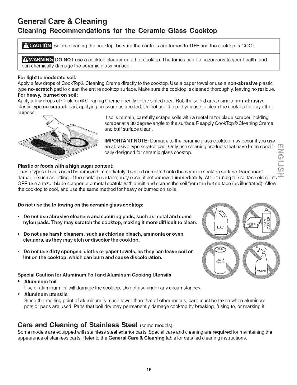 General care & cleaning, A caution, A warning | For light to moderate soil, Plastic or foods with a high sugar content, Care and cleaning of stainless steel (some models), General care & cleaning -15, Care and cleaning of stainless steel | Kenmore 790.4282 User Manual | Page 15 / 18