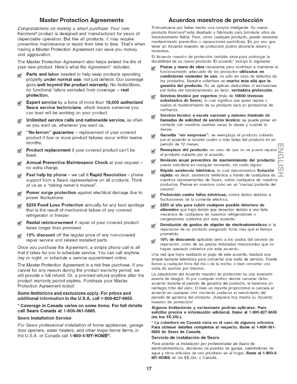 Acuerdos maestros de protección, Master protection agreements | Kenmore 790.4282 User Manual | Page 17 / 18