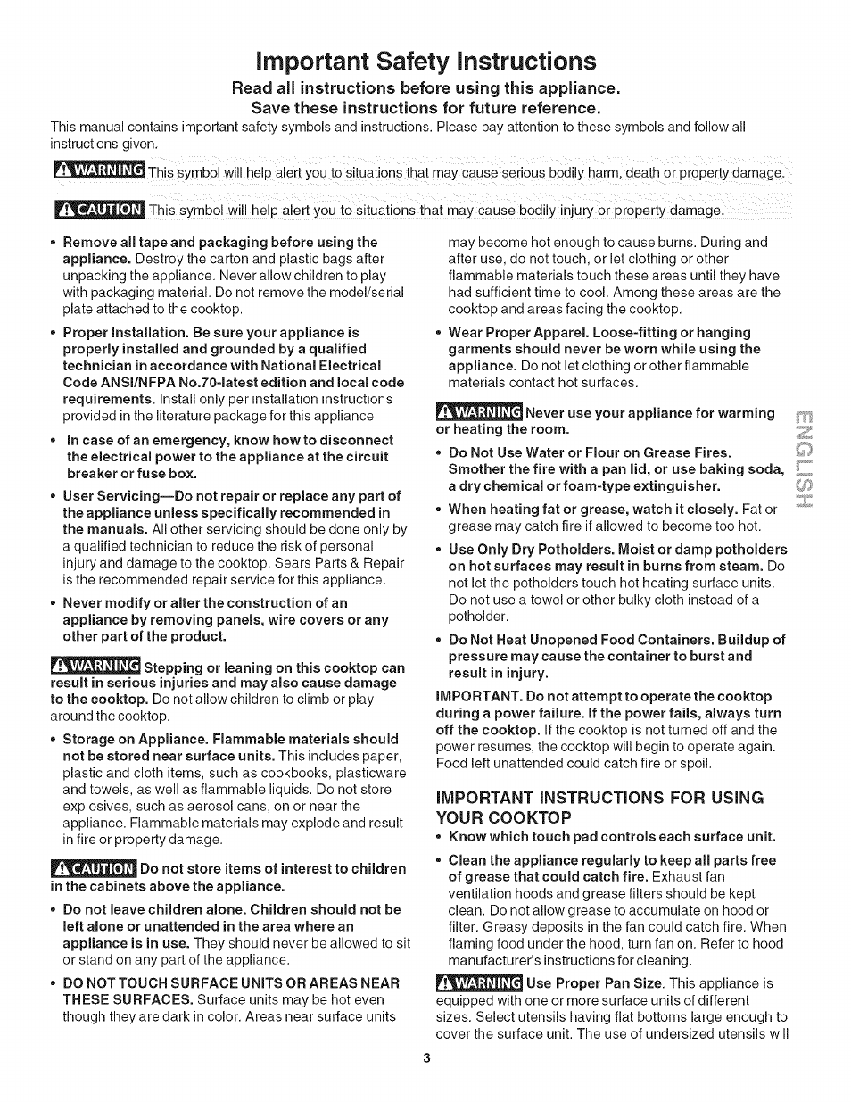 Save these instructions for future reference, Do not use water or flour on grease fires, Important instructions for using your cooktop | Important safety instructions | Kenmore 790.4282 User Manual | Page 3 / 18