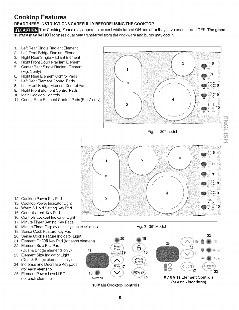 Cooktop features, 10 main cooktop controls, 6 7 8 911 element controls (at 4 or 5 locations) | On/off | Kenmore 790.4282 User Manual | Page 5 / 18