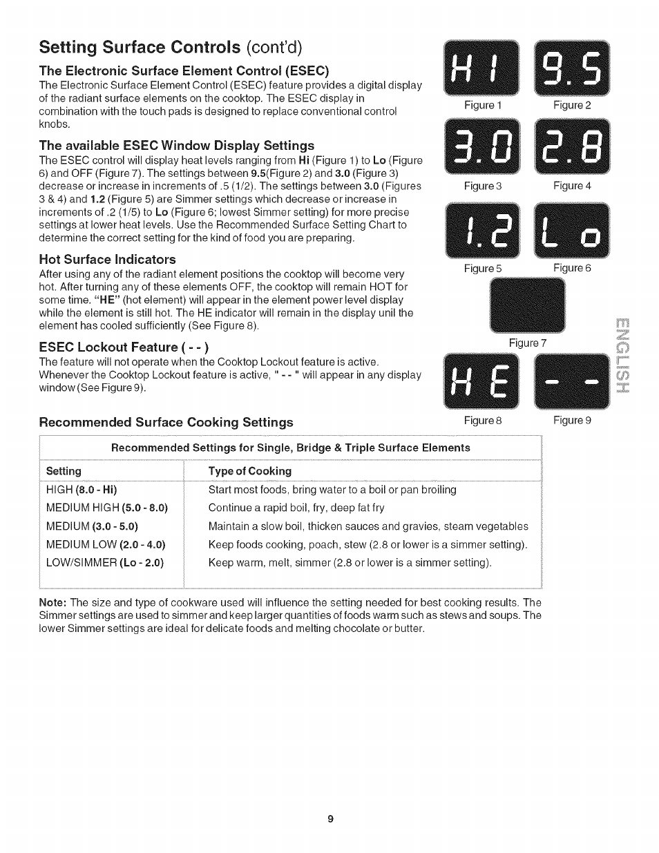 The electronic surface element control (esec), The available esec window display settings, Hot surface indicators | Recommended surface cooking settings figures, Type of cooking, Setting surface controls (confd) | Kenmore 790.4282 User Manual | Page 9 / 18