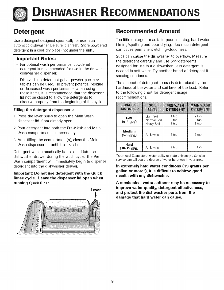 Detergent, Ishwasher, Ecommendations | Recommended amount | Kenmore 465.1333 User Manual | Page 10 / 22