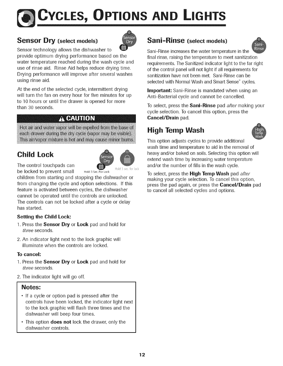Ycles, Ptions, Ights | Sethsoi* dry (select models), Child lock, Sani-rins6, High temp wash | Kenmore 465.1333 User Manual | Page 13 / 22