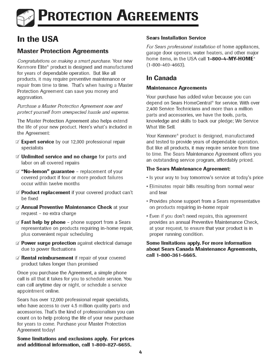 In canada, Rotection, Greements | Kenmore 465.1333 User Manual | Page 5 / 22