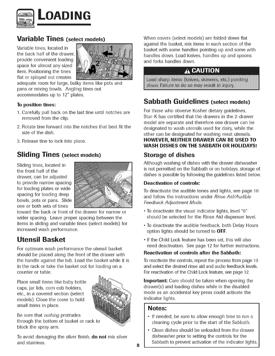 Loading, To position tines, Storage of dishes | Deactivation of controls, Oading, Variable tines, Slidingf tines, Utensil basket, Sabbath guidelines | Kenmore 465.1333 User Manual | Page 9 / 22