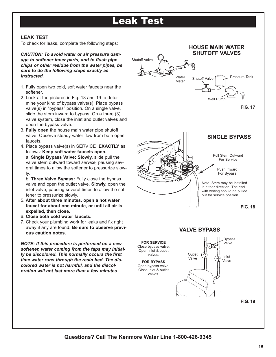 Leak test, House main water shutoff valves, Single bypass | Valve bypass | Kenmore IntelliSoft 350 Series 625.383560 User Manual | Page 15 / 48