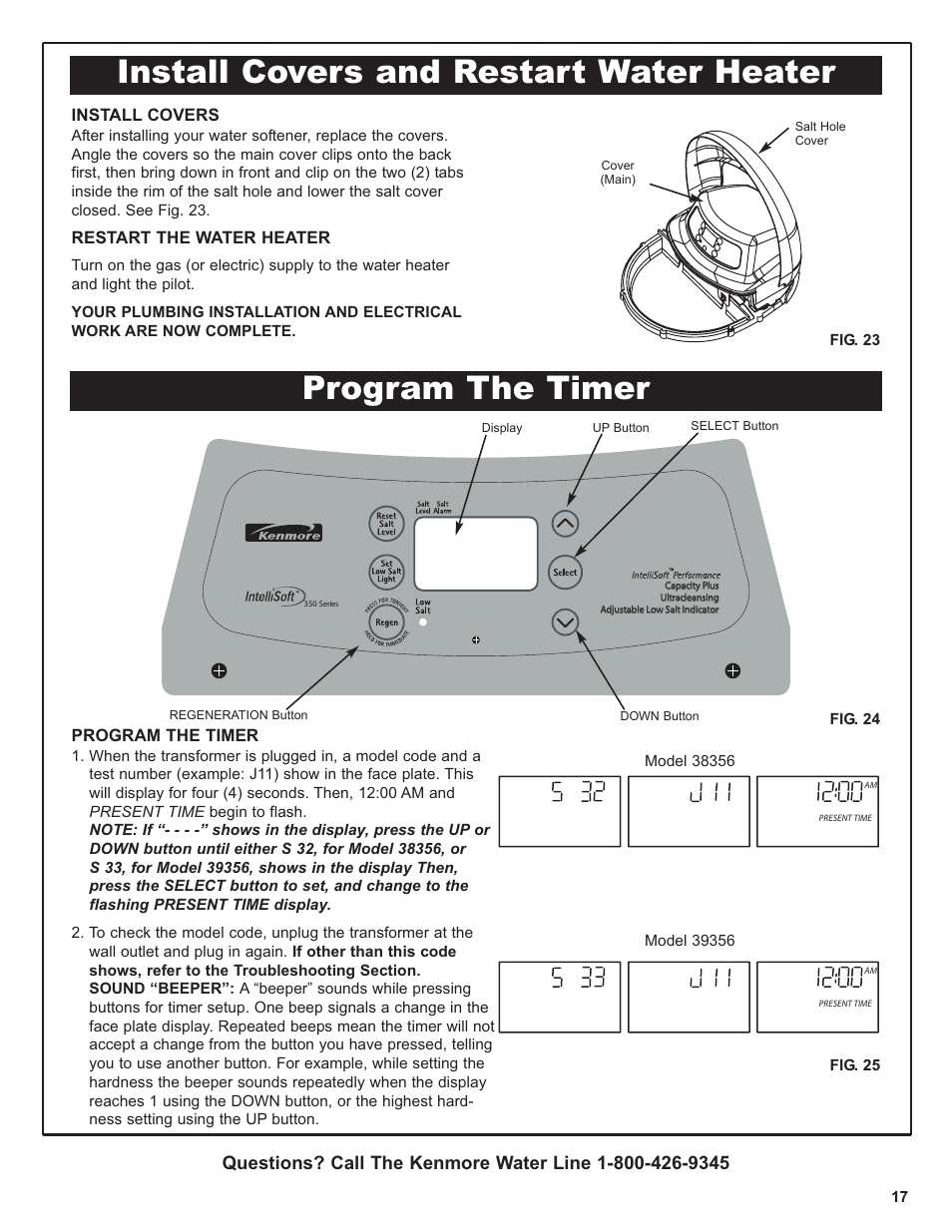 Program the timer, Install covers and restart water heater | Kenmore IntelliSoft 350 Series 625.383560 User Manual | Page 17 / 48