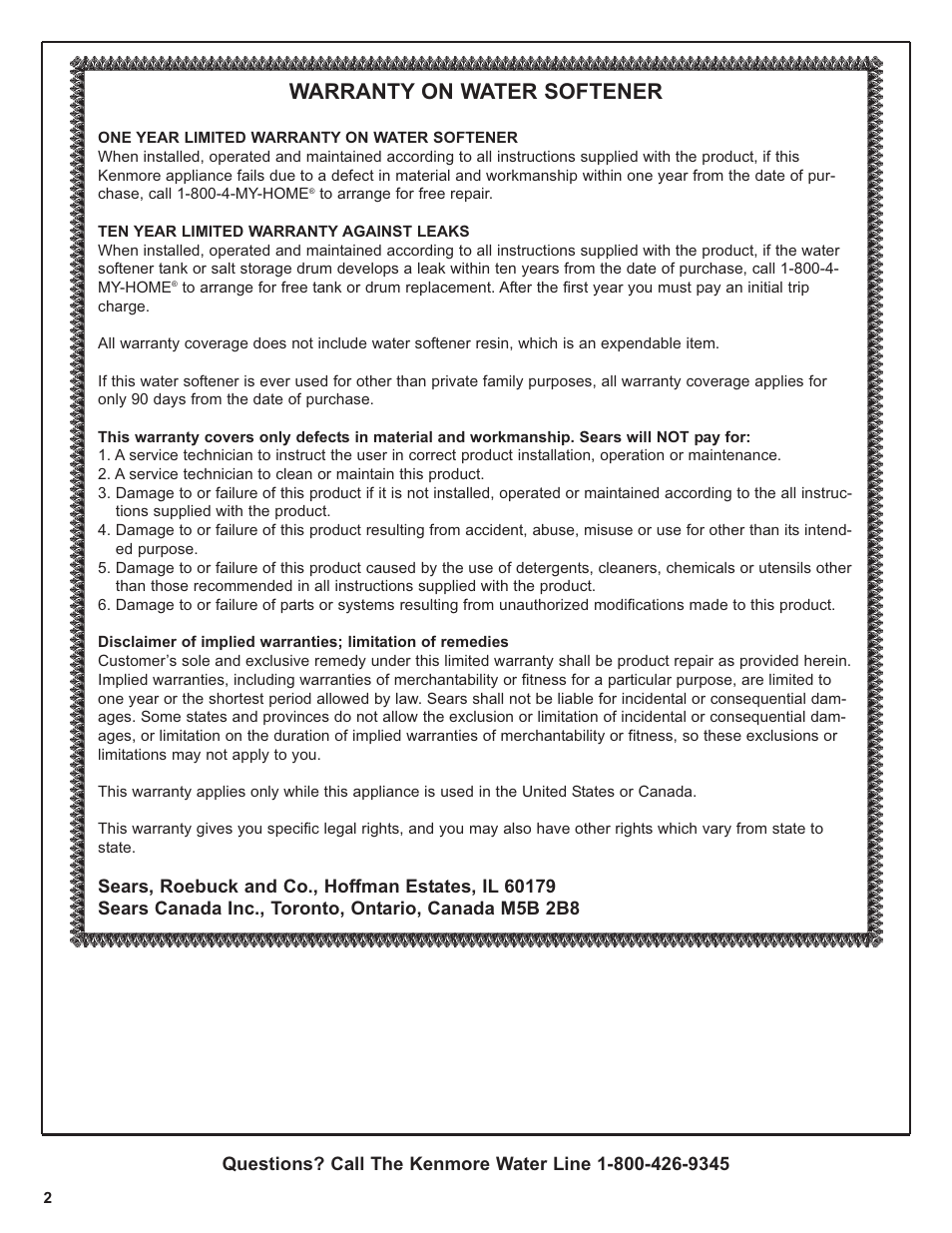 Warranty on water softener | Kenmore IntelliSoft 350 Series 625.383560 User Manual | Page 2 / 48