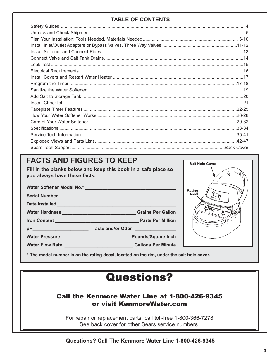 Questions, Facts and figures to keep | Kenmore IntelliSoft 350 Series 625.383560 User Manual | Page 3 / 48