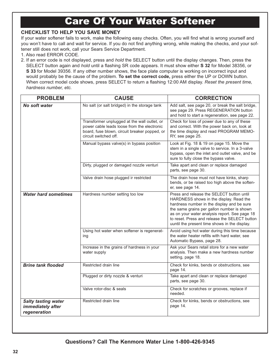 Care of your water softener | Kenmore IntelliSoft 350 Series 625.383560 User Manual | Page 32 / 48