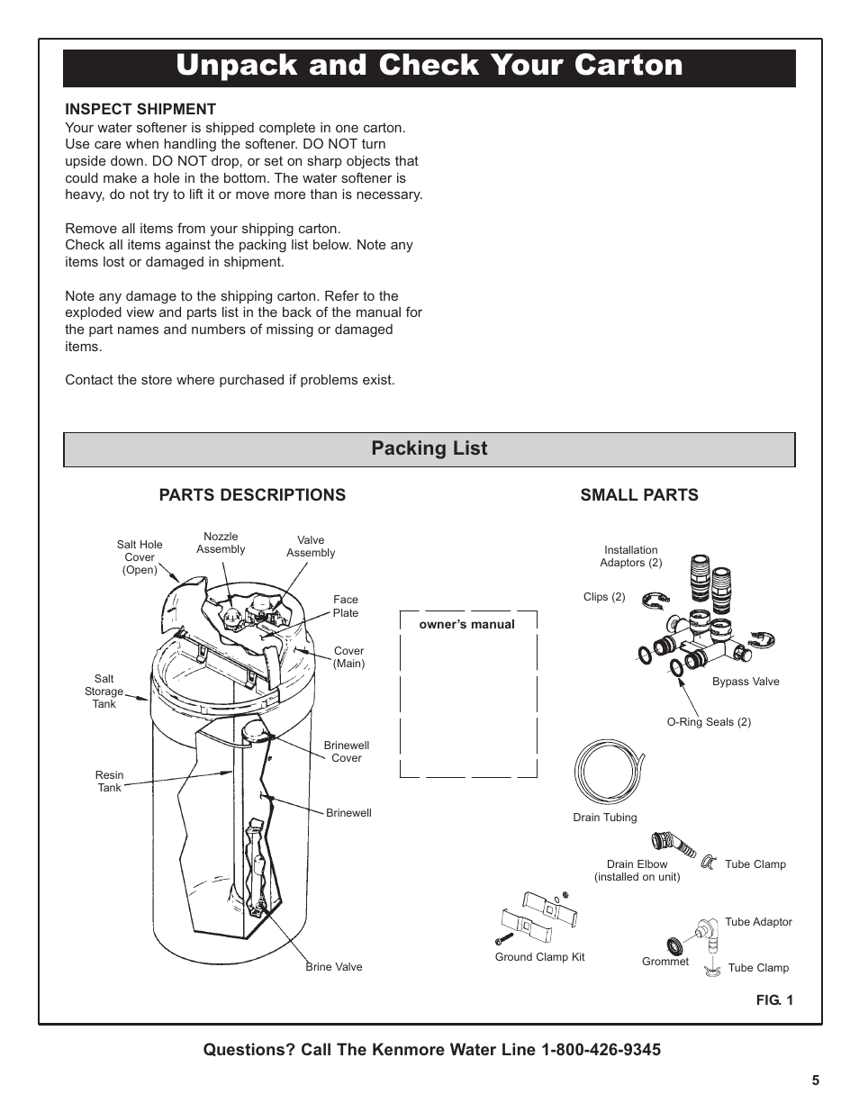 Unpack and check your carton, Packing list, Parts descriptions | Small parts | Kenmore IntelliSoft 350 Series 625.383560 User Manual | Page 5 / 48