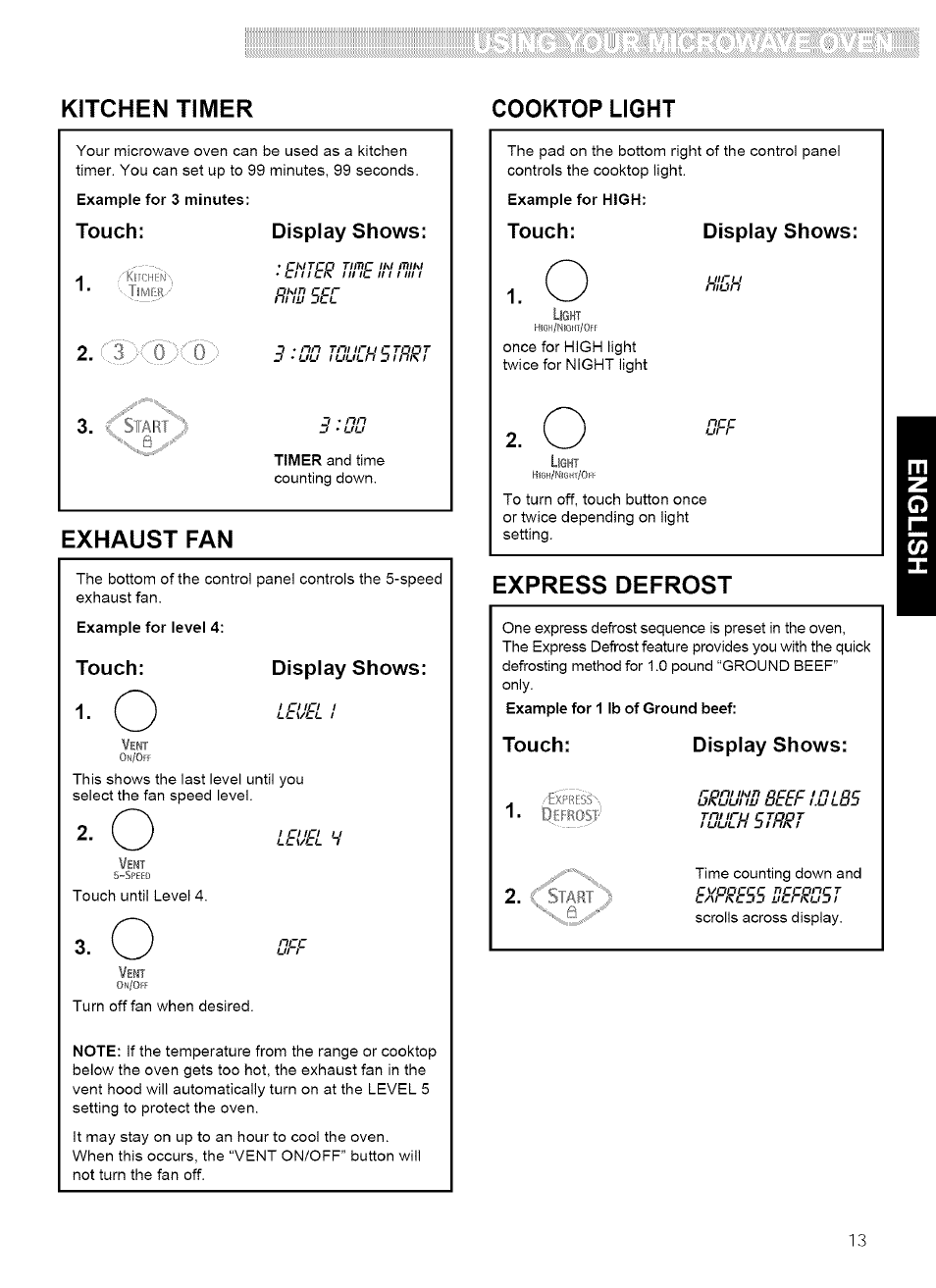 Exhaust fan, Kitchen timer, Express defrost | Cooktop light, И1еи, Groulil} beef 1.0 lbs touch 5trrt, Express seerosr | Kenmore ULTRA WAVE 721.80889 User Manual | Page 13 / 35