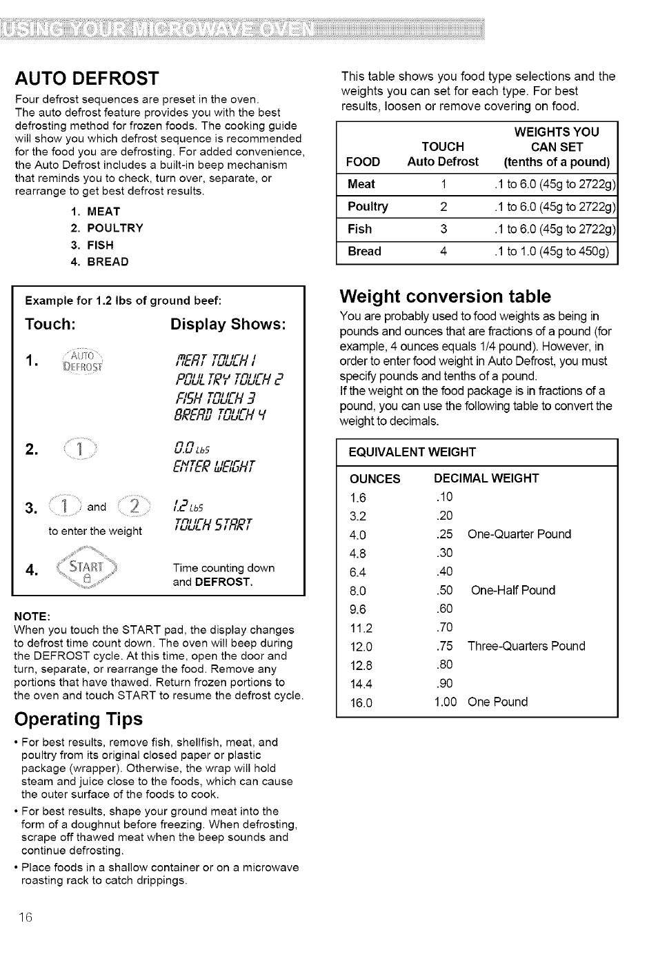 Auto defrost, Operating tips, Weight conversion tabie | Brers touch ч, Euter uleieht, L-eibs | Kenmore ULTRA WAVE 721.80889 User Manual | Page 16 / 35