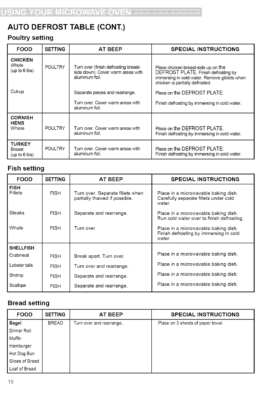 Fish setting, Bread setting, Auto defrost table (cont.) | Poultry setting | Kenmore ULTRA WAVE 721.80889 User Manual | Page 18 / 35