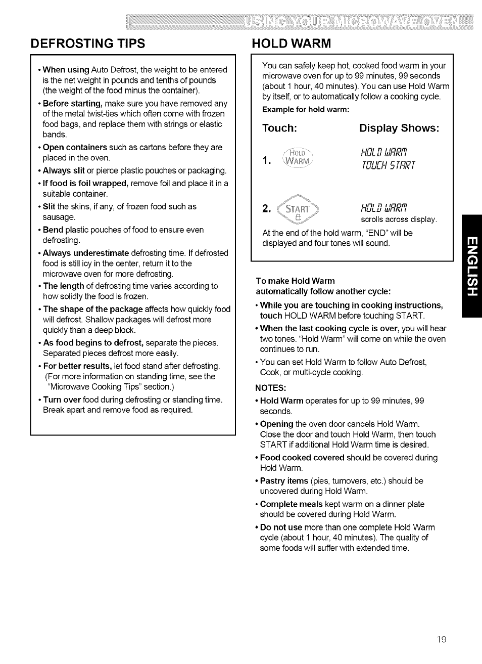 Defrosting tips hold warm | Kenmore ULTRA WAVE 721.80889 User Manual | Page 19 / 35