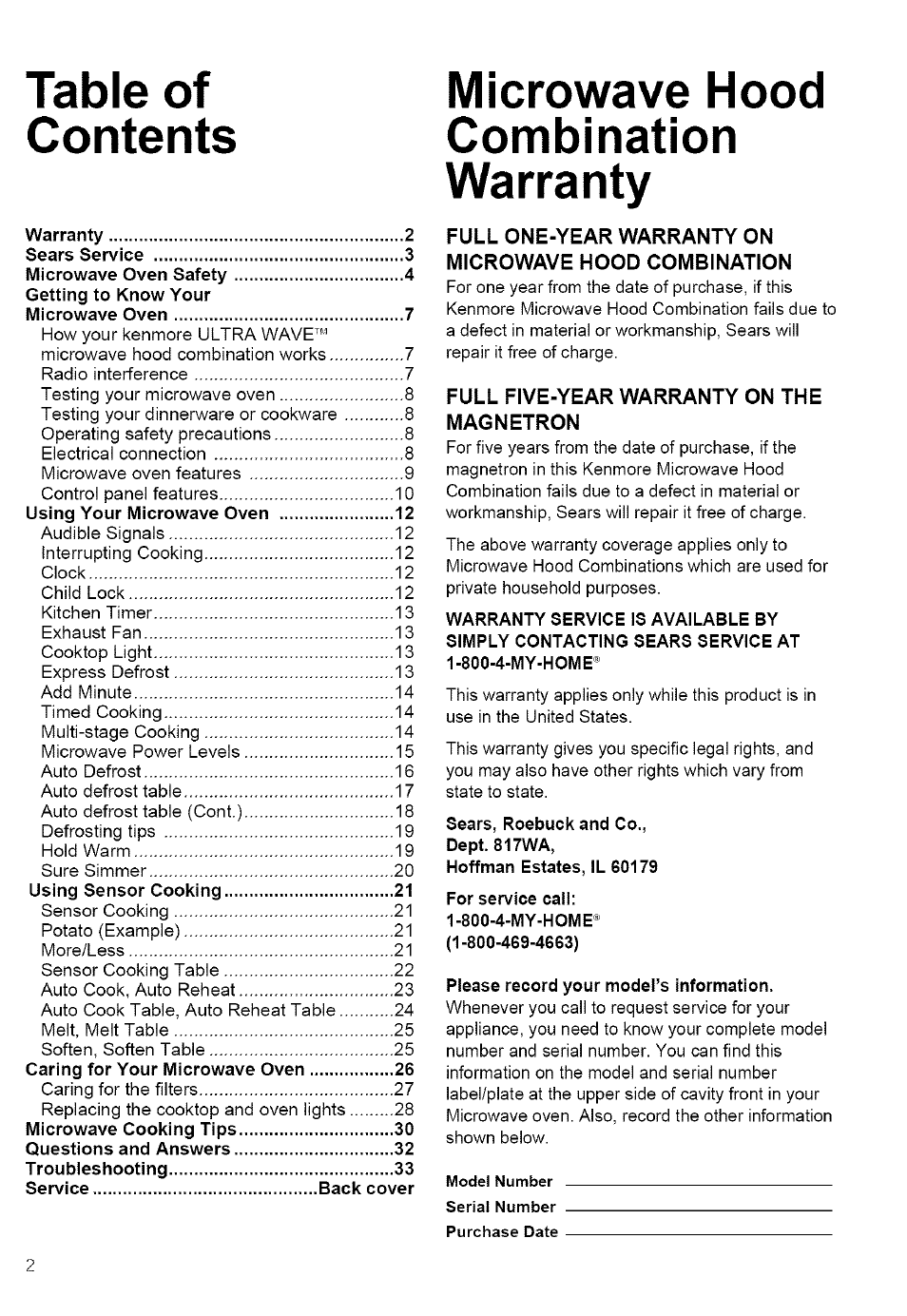Microwave hood, Combination, Warranty | Ltessks, Home | Kenmore ULTRA WAVE 721.80889 User Manual | Page 2 / 35